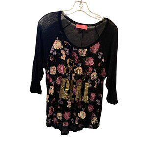Vintage Y2k Sugar High Womens Size Large Tunic Top Shirt Black FLoral STAY REAL